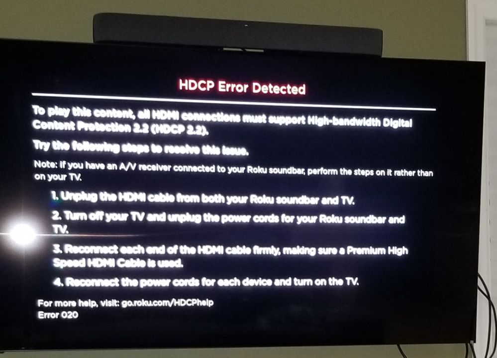 UPDATE - Switching the port did not resolve the issue. However, the following Roku error popped up on the screen.