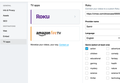 Vimeo app for online roku