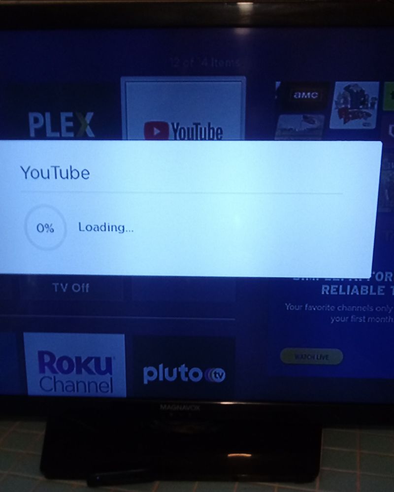 Shown when Youtube pressed.  Percentage loading does not move.