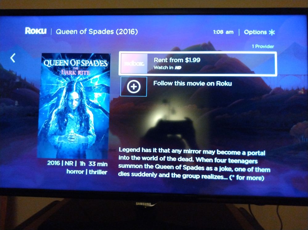 Homepage (not the Roku app) show you can watch it for $1.99 on RB. Available to watch on other apps but not listed. Even the release date is wrong should be 2015.
