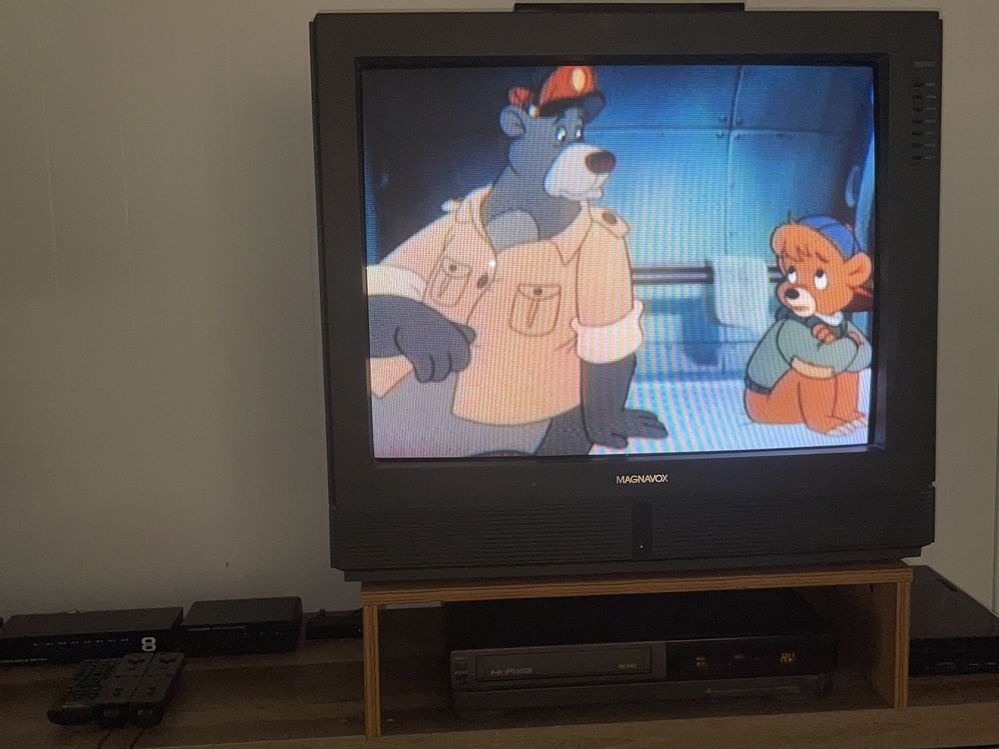 A 1990 TaleSpin episode at 4:3 aspect ratio on Disney+.  This one is in its original SD quality, so it fills up the entire screen for this TV set. (4:3 content on Disney+ that is upscaled to HD quality are shrunken images encoded with big black border-shaped bars forming windowboxed pictures on the device’s 4:3 output.)